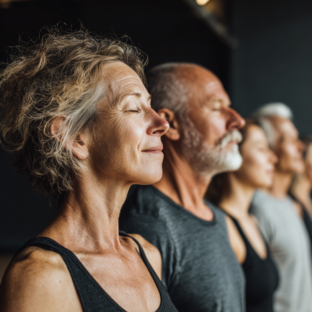 Group of middle-aged adults sharing peaceful moment after yoga session