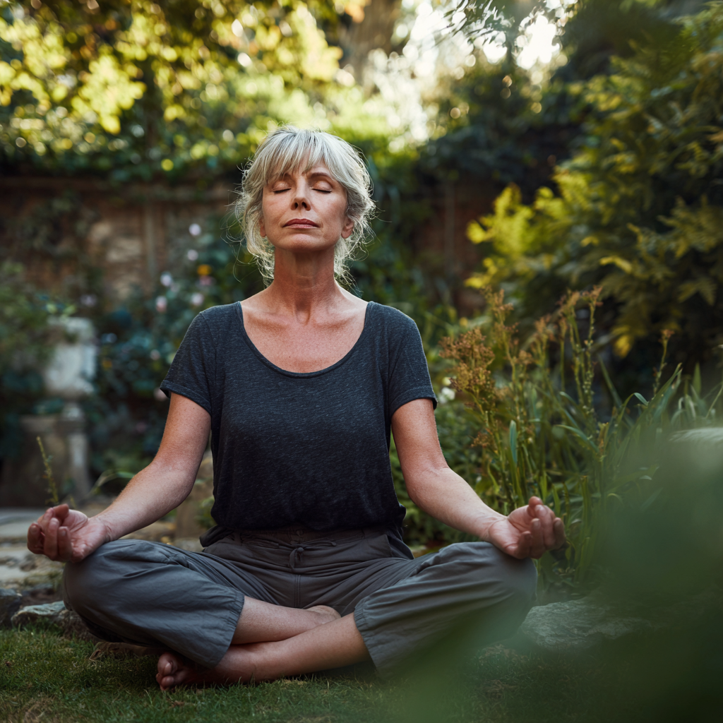 mature woman practicing peaceful yoga in natural garden setting